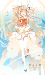 Rule 34 | 1girl, ^ ^, animal ears, bad id, bad pixiv id, blonde hair, bouquet, cat ears, character name, closed eyes, dress, closed eyes, flower, garter straps, layered dress, long hair, hugging object, open mouth, petals, seeu, smile, solo, standing, standing on one leg, streamers, thighhighs, tuuuh, very long hair, vocaloid, white thighhighs