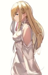 Rule 34 | 1girl, bare shoulders, blonde hair, blue eyes, breasts, closed mouth, clothing cutout, dress, final fantasy, final fantasy xiv, from side, highres, hyur, long hair, long sleeves, medium breasts, minfilia warde, shoulder cutout, simple background, solo, straight hair, tota (sizukurubiks), very long hair, white background, white dress