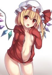 Rule 34 | 1girl, arm behind back, blonde hair, blush, bottomless, flandre scarlet, gluteal fold, hat, hat ribbon, highres, hood, hoodie, janne cherry, looking at viewer, mob cap, naked hoodie, navel, no bra, open mouth, red eyes, red ribbon, ribbon, side ponytail, simple background, smile, solo, standing, touhou, wings