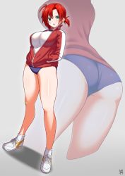 Rule 34 | 1girl, ass, boudica (fate), breasts, buruma, eyes visible through hair, fate/grand order, fate (series), full body, grey background, guriguri (arayotto4351), gym uniform, hair between eyes, hands in pockets, highres, jacket, large breasts, long sleeves, looking at viewer, multiple views, ponytail, red hair, shoes, simple background, sneakers, standing, thick thighs, thighs, track jacket, watermark