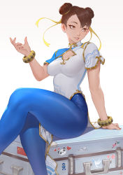 Rule 34 | 1girl, blue pants, bracelet, breasts, brown eyes, brown hair, capcom, cheshirrr, china dress, chinese clothes, chun-li, cleavage cutout, clothing cutout, crossed legs, double bun, dress, earrings, hair bun, hair ribbon, highres, jewelry, looking away, looking to the side, medium breasts, mega man (classic), mega man (series), nail polish, pants, parted lips, red nails, ribbon, short hair, short sleeves, sitting, smile, solo, street fighter, white dress, yellow ribbon