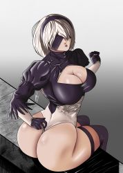 Rule 34 | 1girl, absurdres, android, artist request, ass, blindfold, breasts, cleavage, from behind, gloves, hairband, highres, huge ass, large breasts, leotard, looking at viewer, nier (series), nier:automata, parted lips, shiny clothes, shiny skin, short hair, sitting, solo, thighhighs, thong, thong leotard, white hair, 2b (nier:automata)