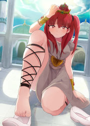 Rule 34 | 1girl, ankle lace-up, bad id, bad pixiv id, barefoot, bracelet, cross-laced footwear, feet, jewelry, kneeling, long hair, looking at viewer, lots of jewelry, magi the labyrinth of magic, morgiana, onaramaru, on one knee, red eyes, red hair, shoes, unworn shoes, side ponytail, solo, toe scrunch, toes