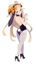 Rule 34 | 1girl, abigail williams (fate), absurdres, alternate costume, animal ears, ass, bare shoulders, black leotard, blonde hair, blue eyes, breasts, closed mouth, double bun, fake animal ears, fate/grand order, fate (series), from behind, hair bun, hajime (hajime-ill-1st), high heels, highres, leotard, long hair, looking at viewer, own hands together, pantyhose, parted bangs, playboy bunny, rabbit ears, rabbit tail, small breasts, standing, strapless, strapless leotard, tail, very long hair, wrist cuffs