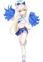 Rule 34 | 1girl, alternate costume, alternate hairstyle, bare shoulders, blonde hair, blue archive, blue eyes, blue panties, blue skirt, bow, bowtie, breasts, cleavage, detached collar, earrings, hair bow, halo, hands up, highleg, highleg panties, holding, holding pom poms, jewelry, kuronuma s, long hair, looking at viewer, loose socks, midriff, millennium cheerleader outfit (blue archive), miniskirt, navel, panties, parted lips, pom pom (cheerleading), pom poms, ponytail, shoes, skirt, small breasts, socks, solo, standing, standing on one leg, stud earrings, toki (blue archive), twitter username, underwear, watermark, white background, white footwear, white socks