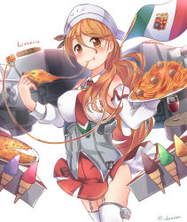 Rule 34 | 10s, 1girl, alcohol, anachronism, breasts, brown eyes, brown hair, eating, female focus, flag, food, fork, holding, ice cream, ice cream cone, ido (teketeke), italy, kantai collection, large breasts, littorio (kancolle), long hair, looking at viewer, machinery, meatball, miniskirt, pasta, pizza, skirt, smile, solo, spaghetti, spaghetti and meatballs, thighhighs, turret, wine