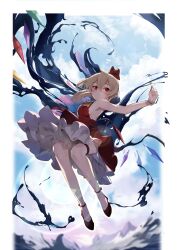 Rule 34 | 1girl, absurdres, armpits, ascot, black footwear, blonde hair, blue sky, bow, closed mouth, darkness, dress, flandre scarlet, full body, hat, hat bow, highres, legs, looking at viewer, one side up, outdoors, red bow, red dress, red eyes, short hair, sky, sleeveless, sleeveless dress, solo, tetsurou (fe+), thigh strap, touhou, white hat, yellow ascot