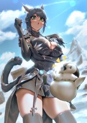 Rule 34 | 1girl, animal ears, arm under breasts, armor, bird, black gloves, black hair, black skirt, black tail, black thighhighs, blue sky, breasts, cat ears, cat girl, cat tail, cleavage, cloud, coattails, commission, day, earrings, feet out of frame, final fantasy, final fantasy xiv, from below, gloves, green eyes, hand up, highres, jewelry, kionaoki, large breasts, long hair, looking at viewer, looking down, miqo&#039;te, mountainous horizon, original, outdoors, penguin, ponytail, shoulder armor, sidelocks, signature, silver trim, skirt, sky, solo, tail, thighhighs