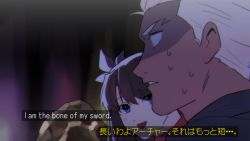 Rule 34 | 1boy, 1girl, abc momoka0718, anime coloring, archer (fate), black hair, blue eyes, dark-skinned male, dark skin, english text, fake screenshot, fate/stay night, fate (series), looking at another, no pupils, parody, saint onii-san, subtitled, sweat, tohsaka rin, twintails, white hair