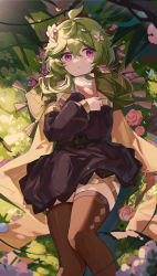 Rule 34 | 1girl, ahoge, black dress, blush, brown thighhighs, capelet, collei (genshin impact), crossed bangs, dress, flower, fungi (genshin impact), genshin impact, grass, green capelet, green hair, hair ornament, highres, holding, leaf, long sleeves, looking at viewer, lying, on back, open mouth, outdoors, parted lips, plant, purple eyes, solo, sunlight, thighhighs, thighs, yajuu, zettai ryouiki