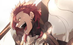 Rule 34 | 1boy, armor, fate/grand order, fate (series), highres, koha-ace, male focus, medium hair, mori nagayoshi (fate), no-kan, open mouth, orange eyes, pauldrons, polearm, profile, red hair, rope, sharp teeth, shoulder armor, smile, solo, spear, spiked hair, teeth, weapon, white background
