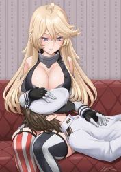 Rule 34 | 1boy, 1girl, admiral (kancolle), ahoge, american flag, american flag legwear, american flag print, asymmetrical legwear, bare shoulders, blonde hair, blue eyes, breasts, brown hair, cleavage, couch, fingerless gloves, flag print, front-tie top, garter straps, gloves, hat on face, highres, indoors, iowa (kancolle), kantai collection, lap pillow, large breasts, long hair, looking at another, miniskirt, mismatched legwear, sitting, skirt, star-shaped pupils, star (symbol), striped clothes, striped thighhighs, symbol-shaped pupils, t2r, thighhighs, uniform, vertical-striped clothes, vertical-striped thighhighs