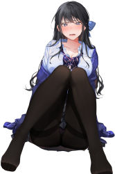 Rule 34 | 1girl, @ @, arm support, black hair, black skirt, blue bow, blue cardigan, blue shirt, blush, bow, breasts, button gap, cardigan, cleavage, collared shirt, commentary request, dress shirt, earrings, feet, grey eyes, hair bow, highres, jewelry, large breasts, long hair, looking at viewer, miniskirt, mole, mole on breast, mole under eye, no shoes, off shoulder, open mouth, original, pantyhose, pleated skirt, school uniform, shirt, sitting, skirt, solo, striped, striped bow, symbol-shaped pupils, thighband pantyhose, unbuttoned, white background, xretakex