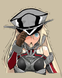 Rule 34 | 10s, 1girl, adjusting clothes, adjusting headwear, bismarck (kancolle), blonde hair, blue eyes, blush, breasts, brown background, food, full-face blush, gloves, hat, incoming kiss, iwasaki takashi, kantai collection, long hair, military, military hat, military uniform, peaked cap, pocky, solo, trembling, uniform