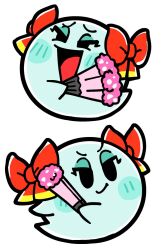 1girl bkub black_eyes blush bow bow_(paper_mario) closed_mouth folded_fan folding_fan hair_bow hand_fan highres holding holding_fan mario_(series) multiple_views nintendo no_humans open_mouth paper_mario paper_mario_64 red_bow simple_background white_background