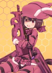 Rule 34 | 1girl, :d, animal ears, animal hat, bandana, boots, brown eyes, brown footwear, bullpup, child, commentary, fur-trimmed gloves, fur trim, gloves, gun, hat, holding, holding weapon, honeycomb (pattern), honeycomb background, hugging object, jacket, llenn (sao), lo xueming, long sleeves, looking at viewer, open mouth, p-chan (p90), p-chan (sao), p90, pants, personal defense weapon, pink bandana, pink gloves, pink hat, pink jacket, pink neckwear, pink pants, rabbit ears, rabbit hat, red eyes, sitting, smile, solo, submachine gun, sword art online, sword art online alternative: gun gale online, teeth, tsurime, upper teeth only, weapon