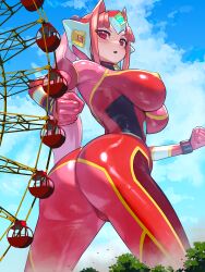 Rule 34 | 1girl, ass, blue sky, blush, bodysuit, breasts, building, city, clenched hand, clenched hands, cloud, colored skin, covered erect nipples, dust, ferris wheel, giant, giantess, headgear, highres, large breasts, light particles, nikunopengin, open mouth, original, ponytail, red bodysuit, red eyes, red hair, red skin, skin tight, sky, solo, tokusatsu, tree, ultimate girl, wrist cuffs