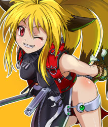 Rule 34 | 1girl, animal ears, blonde hair, breasts, dress, fox ears, haruyama kazunori, long hair, looking at viewer, multicolored hair, one eye closed, project x zone, red eyes, simple background, smile, solo, two-tone hair, weapon, xiaomu, zipper
