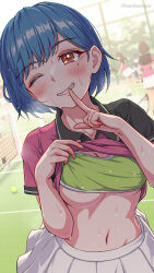 ;) absurdres areola_slip ball blue_hair blush breasts cleavage clothes_lift day finger_to_mouth highres kanikatsuya looking_at_viewer medium_breasts mole mole_under_eye navel one_eye_closed orange_eyes original people pink_shirt playing_sports public_indecency public_nudity pulling_own_clothes shirt shirt_lift short_hair shushing skirt smile solo solo_focus sports_bra sportswear standing sweat teeth tennis tennis_ball tennis_court tennis_uniform two-tone_shirt underboob white_skirt wink