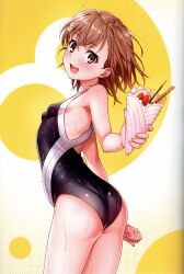 Rule 34 | 1girl, absurdres, ass, bare shoulders, blush, breasts, brown eyes, brown hair, crepe, food, from side, hair ornament, highres, holding, holding food, isshi pyuma, looking at viewer, misaka mikoto, one-piece swimsuit, open mouth, scan, small breasts, solo, swimsuit, thighs, toaru kagaku no railgun, toaru majutsu no index