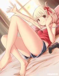 Rule 34 | 1girl, absurdres, alternate breast size, arm up, barefoot, bed sheet, blonde hair, breasts, camisole, closed mouth, comodomodo, controller, curtains, foot out of frame, game controller, hair ribbon, highres, knees up, legs, lycoris recoil, lying, nishikigi chisato, on back, outstretched arm, pillow, red camisole, red eyes, red ribbon, ribbon, short hair, short shorts, shorts, small breasts, smile, solo, strap slip, thighs, upshorts, window