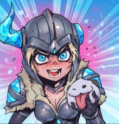Rule 34 | 1girl, :d, animal, armor, black gloves, blonde hair, blue background, blue eyes, blush, breasts, broken horn, cleavage, collarbone, fur-trimmed armor, fur trim, gloves, hand up, helmet, holding, holding animal, horns, league of legends, looking at viewer, medium breasts, open mouth, phantom ix row, pink background, poro (league of legends), sejuani, short hair, smile, teeth, tongue, tongue out, upper body