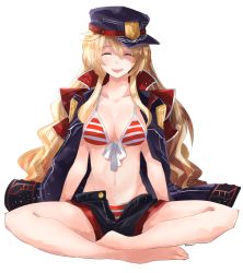 Rule 34 | 1girl, :d, barefoot, bikini, blonde hair, breasts, cleavage, closed eyes, coat, full body, hair between eyes, hat, indian style, kirara (shironeko project), large breasts, long hair, navel, open mouth, putimaxi, red bikini, shironeko project, shorts, simple background, sitting, smile, solo, striped bikini, striped clothes, swimsuit, unbuttoned, white background