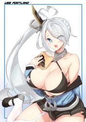 Rule 34 | 1girl, :d, absurdres, ahoge, anchor, azur lane, bare shoulders, bikini, bikini top only, black bikini, black footwear, black skirt, blue background, blue border, blue eyes, blue jacket, blush, book, border, breasts, cameo, character name, cleavage, collar, collarbone, commentary, covered erect nipples, cowboy shot, eyes visible through hair, fang, front-tie bikini top, front-tie top, garter straps, glint, gradient background, hair ornament, hair over one eye, heart, heart-shaped pupils, heart ahoge, highres, holding, holding book, indianapolis (azur lane), jacket, kanotype, large breasts, loafers, long hair, long sleeves, looking at viewer, off-shoulder jacket, off shoulder, open book, open mouth, pleated skirt, portland (azur lane), rigging, shoes, side ponytail, sidelocks, silver hair, single garter strap, single thighhigh, sitting, skirt, smile, solo, star (symbol), star print, swimsuit, symbol-shaped pupils, thighhighs, very long hair, white background, white thighhighs, yokozuwari