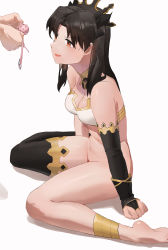 Rule 34 | 1girl, absurdres, anklet, armlet, ball gag, bare shoulders, barefoot, bikini, black gloves, black hair, black ribbon, black thighhighs, bottomless, breasts, bridal gauntlets, cleavage, controller, crown, earrings, fate/grand order, fate (series), from side, gag, game controller, gloves, gold trim, hair ribbon, highres, holding, holding controller, holding game controller, hoop earrings, ishtar (fate), jewelry, long hair, medium breasts, navel, necklace, open mouth, parted bangs, red eyes, ribbon, ring, single thighhigh, sitting, smile, solo focus, strapless, strapless bikini, sweatdrop, swimsuit, thighhighs, thighlet, two side up, wariza, white bikini, wiffle gag, wow+