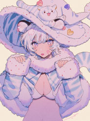 Rule 34 | 1girl, animal, animal print, bandaid, bandaid on cheek, bandaid on face, bikini, blue eyes, breasts, brown background, cleavage, closed mouth, commentary, eyebrows hidden by hair, fur-trimmed headwear, fur-trimmed sleeves, fur trim, hair between eyes, hands up, hat, heart, highres, long sleeves, looking at viewer, miyako (xxxbibit), navel, original, signature, simple background, sleeves past wrists, solo, swimsuit, symbol-only commentary, thick eyebrows, tiger, tiger print, tongue, tongue out, upper body, white bikini, white hair, white hat, white tiger, witch hat