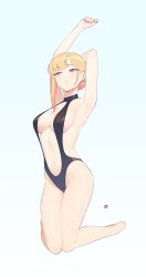 Rule 34 | 1girl, arm behind head, armpits, arms up, barbell piercing, barefoot, black one-piece swimsuit, blonde hair, breasts, chestnut mouth, collarbone, commentary request, ear piercing, earrings, female focus, fingernails, full body, gradient background, gradient hair, hair bun, halterneck, highleg, highleg swimsuit, highres, holding own arm, industrial piercing, jewelry, kitagawa marin, kneeling, knees together feet apart, legs, long fingernails, looking at viewer, medium breasts, multicolored hair, multiple piercings, nail polish, navel, one-piece swimsuit, orange hair, parted lips, piercing, red eyes, red nails, sideboob, signature, simple background, single hair bun, slingshot swimsuit, solo, sono bisque doll wa koi wo suru, swimsuit, thighs, two-tone hair, white background, yan wan