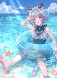 Rule 34 | 1girl, 2022, animal ears, bai (granblue fantasy), blue hair, blue sky, blush, bracelet, cloud, double bun, hair bun, highres, jewelry, lifebuoy, open mouth, partially submerged, red eyes, sitting, sky, smile, solo, starfish, striped tail, swim ring, swimsuit, swimsuit skirt, tail, takanishi takashi, tiger ears, tiger girl, tiger tail, water