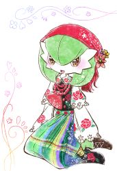 Rule 34 | 1girl, alternate eye color, bandana, blush, boots, brown footwear, clothed pokemon, colored skin, creatures (company), female focus, floral print, flower, full body, game freak, gardevoir, gen 3 pokemon, green hair, green skin, hair between eyes, happy, heart, highres, jewelry, kneeling, long sleeves, looking at viewer, muguet, multicolored clothes, multicolored shirt, multicolored skin, multicolored skirt, necklace, nintendo, open mouth, orange eyes, pink flower, pokemon, pokemon (creature), red flower, short hair, sitting, skirt, smile, solo, two-tone skin, white background, white skin, yellow flower