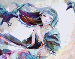 Rule 34 | 1girl, absurdres, animal, bedr2221, bird, blonde hair, blue hair, blunt bangs, cherry blossoms, colored inner hair, crow, dutch angle, floating hair, floral print, fringe trim, furisode, hands up, highres, interlocked fingers, japanese clothes, kimono, long hair, long sleeves, looking to the side, motion blur, multicolored hair, open mouth, original, own hands together, parted lips, petals, purple eyes, purple hair, shawl, smile, twitter username, upper body