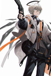 Rule 34 | 1boy, arknights, black gloves, blue eyes, bullet, executor (arknights), fingerless gloves, fingernails, gloves, grey hair, gun, hair between eyes, halo, handgun, hayama eishi, highres, holding, holding gun, holding weapon, male focus, parted lips, pointing weapon, solo, standing, weapon, wings
