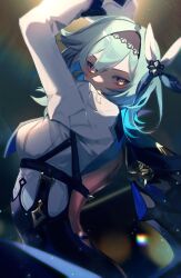 Rule 34 | 1girl, absurdres, arms up, back, backless outfit, bare back, black hairband, blue cape, blue hair, blue pupils, breasts, cape, chest harness, eula (genshin impact), from side, genshin impact, glowing, glowing eyes, hair between eyes, hair ornament, hairband, harness, high-waist shorts, highres, light particles, long sleeves, looking back, looking to the side, lyrie luna, medium breasts, medium hair, multicolored eyes, shorts, sidelocks, solo, spotlight, upper body, white sleeves, wide sleeves