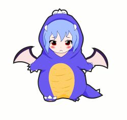 Rule 34 | 1girl, :&lt;, animated, animated gif, blue hair, blush, costume, crossover, hamster dance, lowres, mario (series), nintendo, parody, red eyes, remilia scarlet, rex (mario), rex k, simple background, solo, super mario world, touhou, tyrannosaurus rex, wings