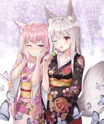Rule 34 | 2girls, absurdres, animal ear fluff, animal ears, black kimono, blue butterfly, bug, butterfly, closed mouth, commentary, dango, eating, english commentary, floral background, flower, food, fox ears, fox girl, hair between eyes, hand up, hands on own cheeks, hands on own face, hands up, highres, holding, holding food, insect, japanese clothes, kimono, long hair, long sleeves, looking at viewer, multiple girls, obi, one eye closed, open mouth, original, pink hair, pink kimono, print kimono, purple eyes, purple flower, red eyes, sash, shuvi (shuvi1125), silver hair, wagashi, wide sleeves