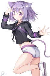 Rule 34 | 1girl, absurdres, animal ear fluff, animal ears, arm up, ass, bad id, bad pixiv id, black coat, black hoodie, blush, breasts, cat ears, cat girl, cat tail, closed mouth, coat, commentary request, crop top, drawstring, ds a, flat ass, from side, highres, hololive, hood, hood down, hoodie, long sleeves, looking at viewer, looking to the side, medium breasts, midriff, nekomata okayu, nekomata okayu (1st costume), nekomata okayu (casual), no socks, purple eyes, purple hair, shoe soles, shoes, short shorts, shorts, signature, simple background, solo, standing, standing on one leg, tail, virtual youtuber, white background, white footwear, white shorts