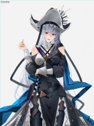 Rule 34 | 1girl, :d, absurdres, arknights, bare shoulders, black coat, black dress, black footwear, black pantyhose, boots, coat, dress, grey hair, highres, long hair, long sleeves, looking at viewer, lufi ays, open mouth, pantyhose, pelvic curtain, red eyes, simple background, skadi (arknights), smile, solo, thigh boots, white background