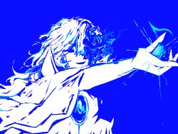Rule 34 | 1boy, argalia (project moon), arm up, blue theme, brooch, cape, claws, gem, highres, jewelry, library of ruina, long hair, male focus, monochrome, musical note, parted lips, project moon, simple background, smile, solo, very long hair, wendkwo2nwmks