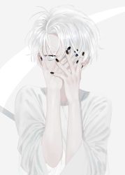 Rule 34 | 1other, alternate costume, androgynous, bad id, bad twitter id, cairngorm (houseki no kuni), covering face, frost fog, green background, grey theme, hands on own face, houseki no kuni, japanese clothes, looking at viewer, short hair, sleepwear, solo, upper body, white eyes, white hair, white theme