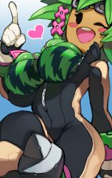 Rule 34 | 1girl, absurdres, black eyes, blaster master zero, blaster master zero 2, blush stickers, bodysuit, breasts, buck teeth, bursting breasts, colored skin, food print, gloss (hotglossed), goggles, goggles on head, green hair, green skin, hair ornament, highres, index finger raised, kanna (blaster master zero), large breasts, monster girl, no pupils, open mouth, skindentation, solo, spiked hair, teeth, thighs, watermelon print, x hair ornament, zipper