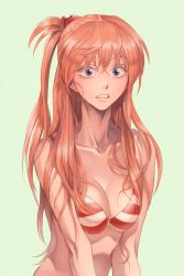 Rule 34 | 1girl, alternate hairstyle, bad id, bad pixiv id, bikini, blue eyes, breasts, chika (12chika), cleavage, collarbone, eyelashes, green background, highres, long hair, looking at viewer, neon genesis evangelion, parted lips, side ponytail, simple background, solo, souryuu asuka langley, striped bikini, striped clothes, swimsuit, upper body, v arms, wide-eyed