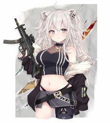 Rule 34 | 1girl, ahoge, animal ear fluff, animal ears, bare shoulders, black jacket, black nails, black pantyhose, black shirt, blush, breasts, chicami, cleavage, closed mouth, commentary request, crop top, cropped legs, ear piercing, fur-trimmed jacket, fur trim, grey eyes, grey skirt, gun, h&amp;k mp5, hair between eyes, highleg, holding, holding gun, holding weapon, hololive, jacket, lion ears, long hair, long sleeves, looking at viewer, medium breasts, midriff, nail polish, navel, o-ring, off shoulder, open clothes, open jacket, pantyhose, piercing, scope, see-through, see-through cleavage, shirt, shishiro botan, shishiro botan (1st costume), silver hair, single leg pantyhose, skirt, sleeveless, sleeveless shirt, sleeves past wrists, solo, submachine gun, torn clothes, torn pantyhose, trigger discipline, very long hair, virtual youtuber, weapon