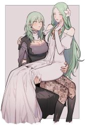 Rule 34 | 2girls, black footwear, black socks, blush, boots, breasts, brown pantyhose, byleth (female) (fire emblem), byleth (fire emblem), cleavage, detached sleeves, dress, female focus, fire emblem, fire emblem: three houses, flower, garreg mach monastery uniform, green eyes, green hair, hair flower, hair ornament, high heel boots, high heels, highres, ikarin, kneehighs, large breasts, long hair, looking at another, matching hair/eyes, multiple girls, nintendo, pantyhose, pantyhose under shorts, parted lips, pointy ears, print pantyhose, rhea (fire emblem), shorts, simple background, sitting, sitting on lap, sitting on person, socks, white dress, white flower, yuri