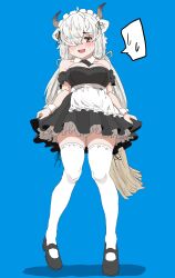 Rule 34 | 1girl, absurdres, alternate costume, apron, bare shoulders, black bow, black bowtie, black dress, blue background, blush, bow, bowtie, commentary, detached collar, detached sleeves, dress, embarrassed, enmaided, frilled apron, frilled dress, frills, from below, full body, hair over one eye, highres, kemono friends, kumasyan1998, long hair, looking at viewer, maid, maid apron, maid headdress, miniskirt, one eye covered, ox ears, ox girl, ox horns, ox tail, sidelocks, simple background, skirt, solo, spoken sweatdrop, sweatdrop, thighhighs, twintails, white apron, white hair, white thighhighs, wrist cuffs, yak (kemono friends), zettai ryouiki