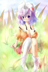 Rule 34 | 1girl, breasts, cleavage, female focus, large breasts, letty whiterock, looking at viewer, purple eyes, purple hair, single thighhigh, sitting, smile, solo, thighhighs, touhou, yurume atsushi
