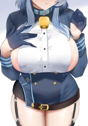 Rule 34 | 1girl, ako (blue archive), areola slip, arind yudha, bell, black skirt, blue archive, blue gloves, blue hair, blue jacket, blush, breasts, buttons, center opening, collar, cowbell, double-breasted, garter straps, gloves, half gloves, highres, jacket, large breasts, long hair, long sleeves, neck bell, pencil skirt, sideboob, skirt, solo, thighs