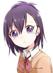 Rule 34 | 1girl, bafarin, bow, bowtie, cardigan, collared shirt, commentary request, gabriel dropout, highres, purple eyes, purple hair, red bow, red bowtie, school uniform, shirt, signature, simple background, smile, solo, twitter username, vignette tsukinose april, white background, white shirt